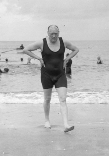 7993988 - British politician Winston Churchill after bathing in the sea at Deauville, France