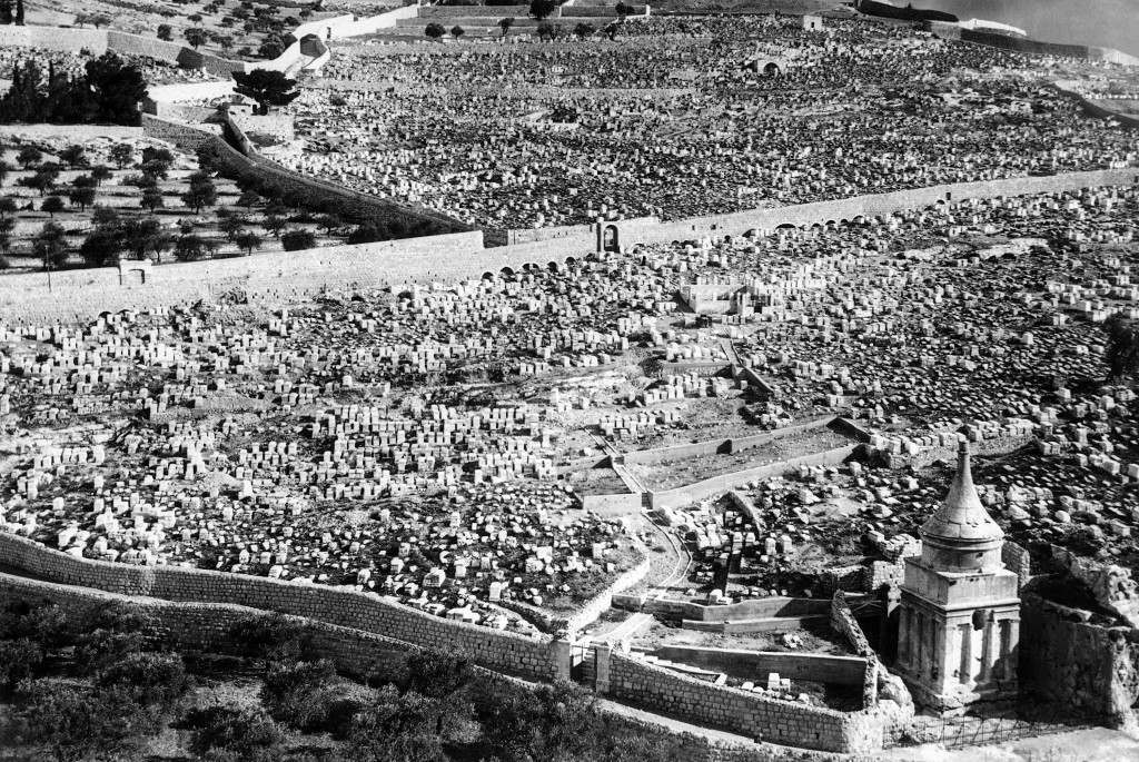 One of the largest Jewish cemeteries in the world, situated on the slopes of the Mount of Olives, part of the hills of Bethlehem in Jerusalem on Jan. 19, 1939. It adjoins the famous Garden of Gethsemane where Christ was said to have been betrayed by Judas with a kiss. Hundreds of thousands of Jews, many of them victims of the present Arab revolt in the holy land, are buried in this hallowed spot. (AP Photo) Ref #: PA.11142790  Date: 19/01/1939