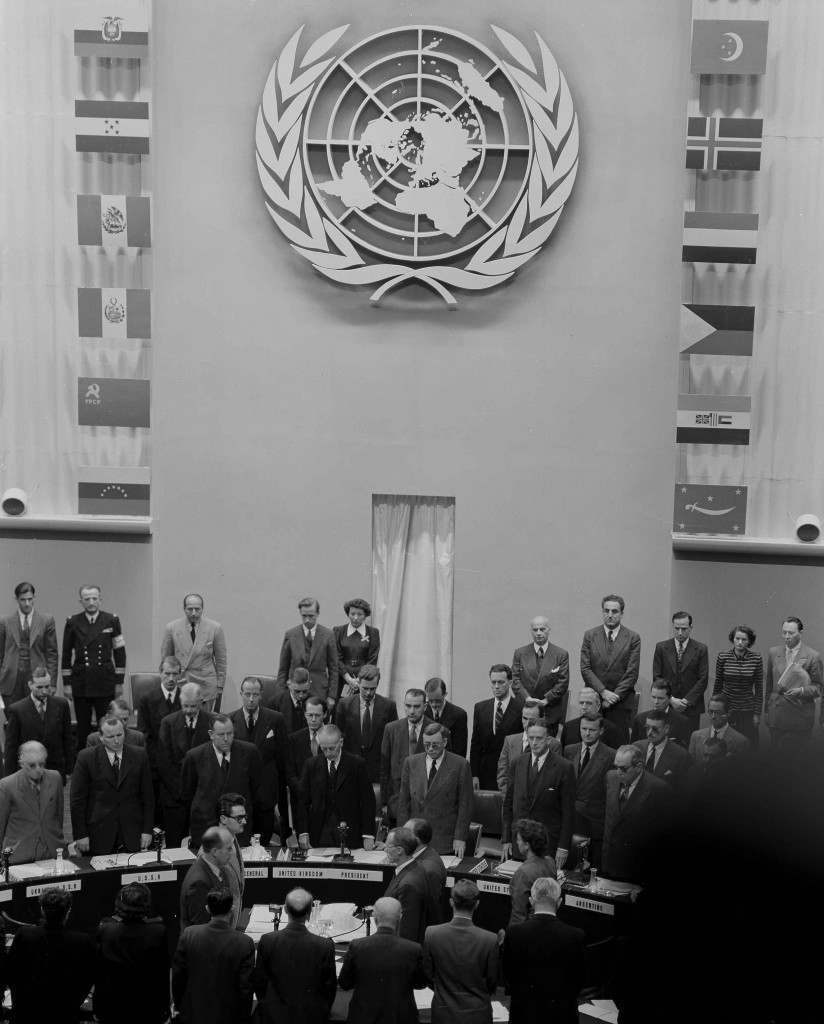 The United Nations Security Council, gathered in Paris, Sept. 18, 1948, stands in silent tribute for Count Folke Bernadotte of Sweden who was assassinated in Jerusalem, Sept. 17. (AP Photo/Levy) Ref #: PA.17633580  Date: 18/09/1948