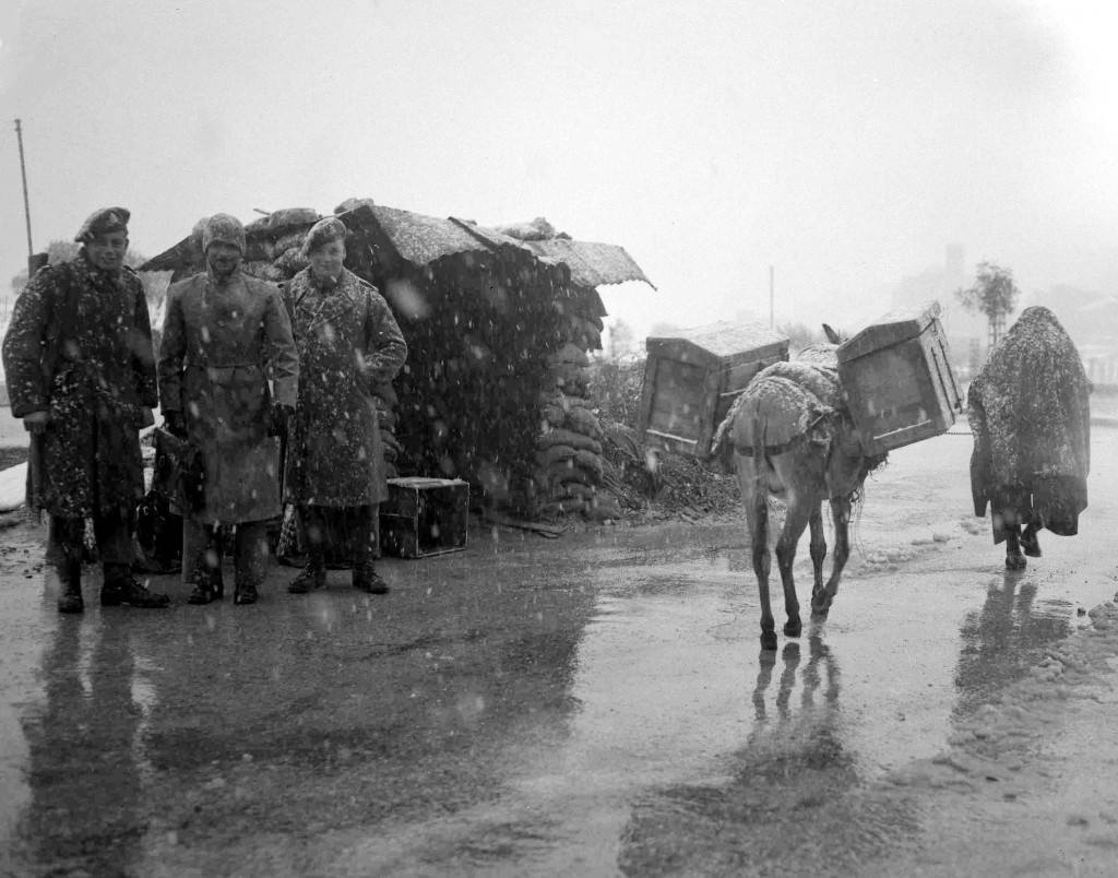 An arab and his donkey pass a road block, manned by British soldiers and Palestinian policeman, during a snowfall, near Jerusalem, Palestine, March 22, 1948. (AP Photo) Ref #: PA.5737202  Date: 22/03/1948