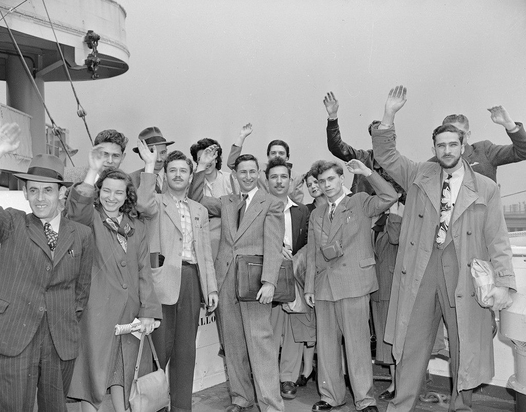 A group of Palestinian Jews aboard the American export liner Marine Carp wave goodbye prior to sailing from New York, May 4, 1948, for their native land to fight the Arabs. (AP Photo/Joe Caneva) Ref #: PA.5737223  Date: 04/05/1948