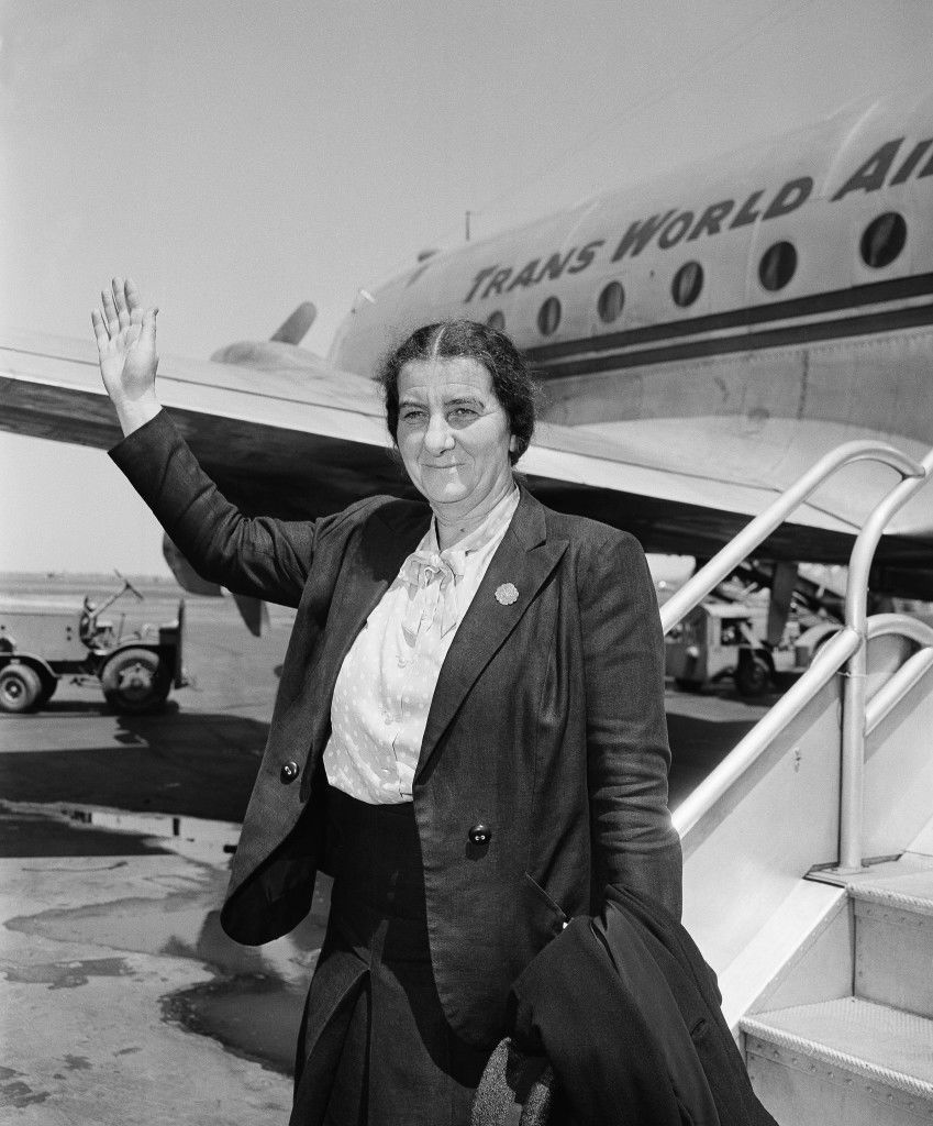 Mrs. Golda Meir is the only female member of the provisional council of the new state of Israel, waves following her arrival at La Guardia Field, New York, May 19, 1948 from Jerusalem. She declared that "if the United state arms embargo is lifted, we can drive the Arabs out in a few weeks." She added that the Jewish people in Palestine were optimistic of the successful outcome of the war because finances and manpower have been solidly mobilized. (AP Photo) Ref #: PA.5737250  Date: 09/05/1948