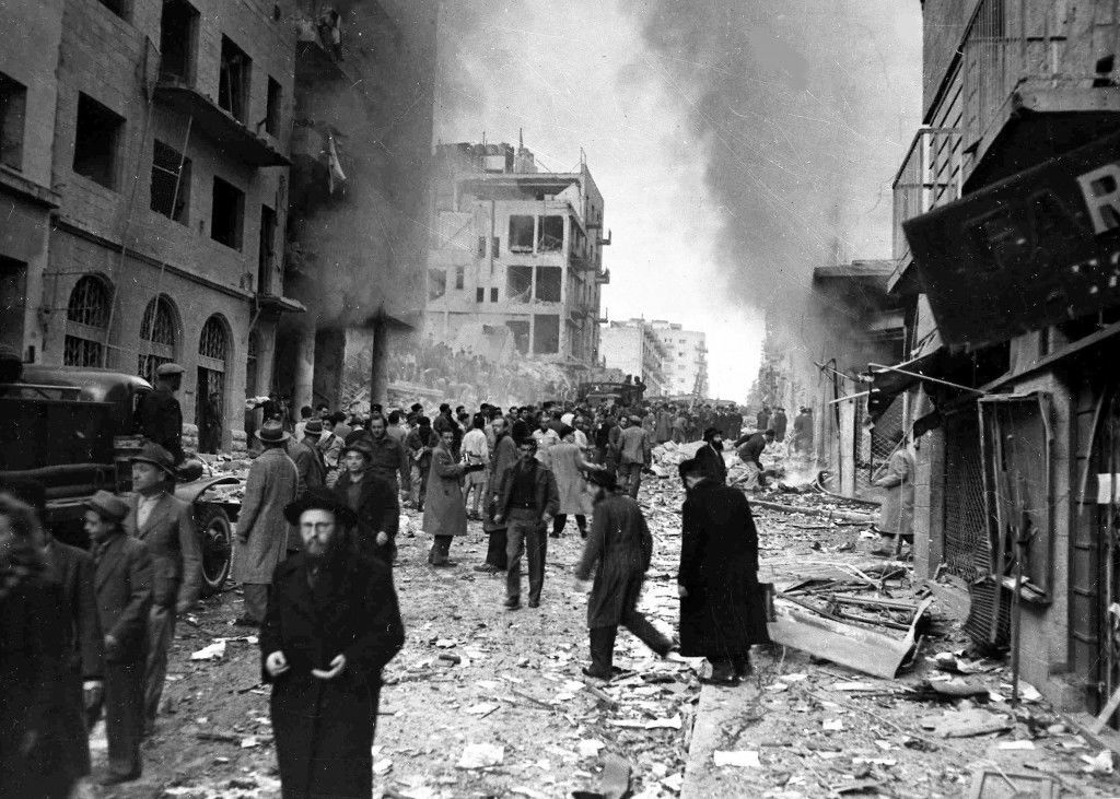 Two trucks exploded on Ben Yehuda Street, in the heart of the Jewish business district of Jerusalem, Feb. 2, 1948, killing 27 people and injuring more than 100 others. (AP Photo/Pringle) Ref #: PA.5737265  Date: 02/02/1948