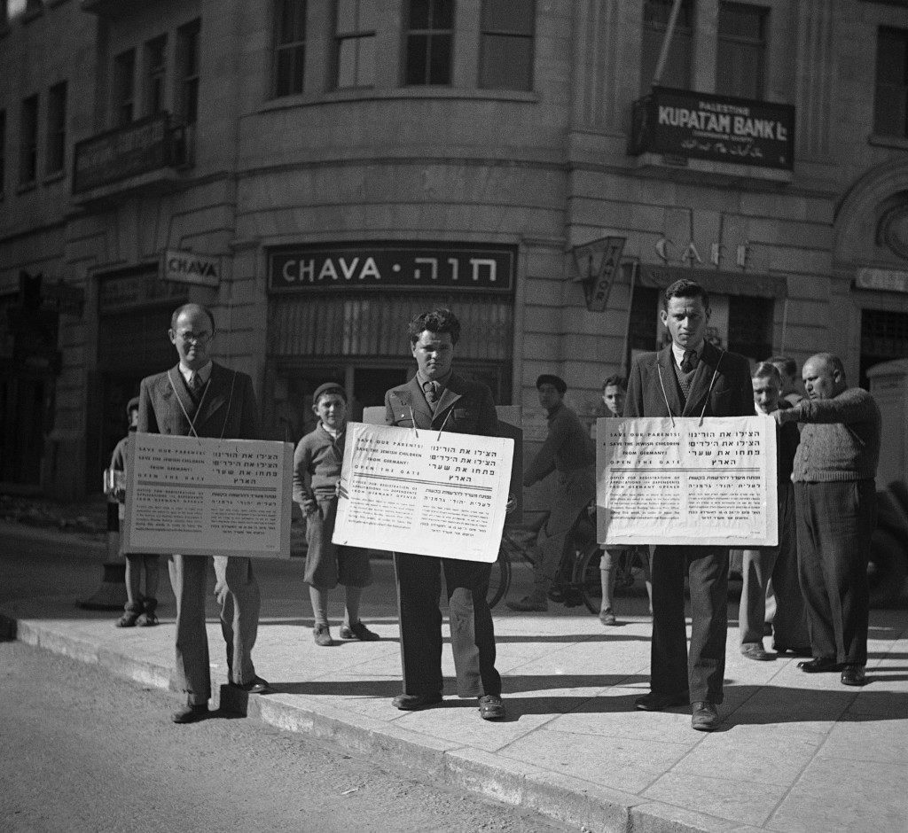 “Save our children and our parents!” say these Jewish placards carried by men in the streets of Jerusalem, Israel on Jan. 16, 1939. Â“Open the gates of Palestine to the times of Nazi prevention hatred at the Christmas period we are crying from the holy city of Jew Salem to all Christian nations to help us against Â“GermanyÂ”. (AP Photo) Ref #: PA.8988884 Date: 16/01/1939