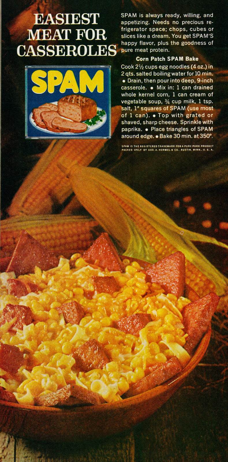 spam recipes 70s 1962 recipe casserole hormel baked ads retro ad ww2 canned bake housekeeping foods popular casseroles patch corn