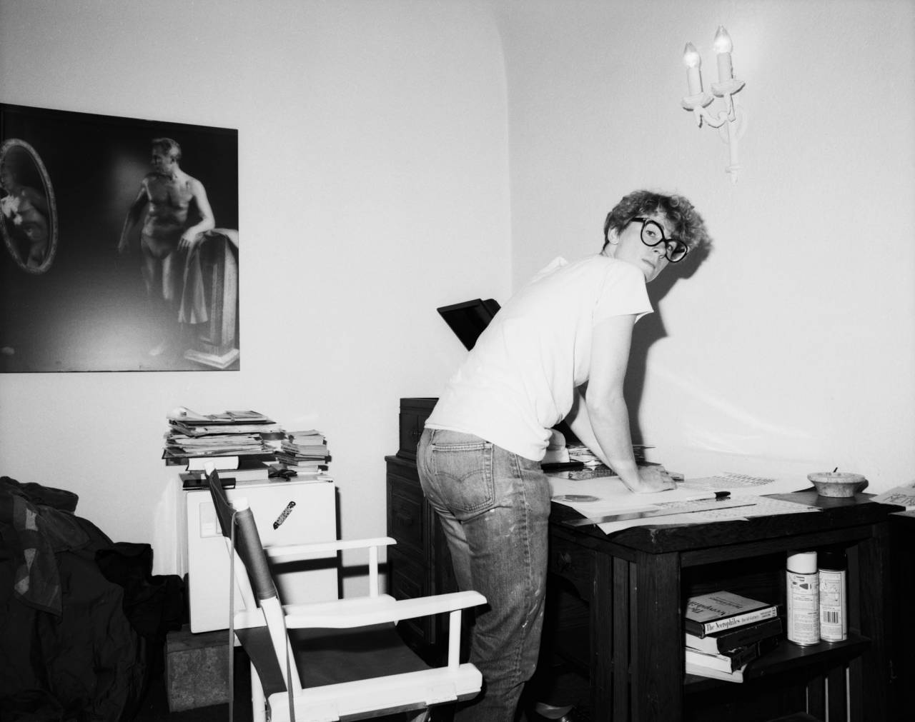 My then-girlfriend Nancy Barton working on an art project, Hollywood, 1982.