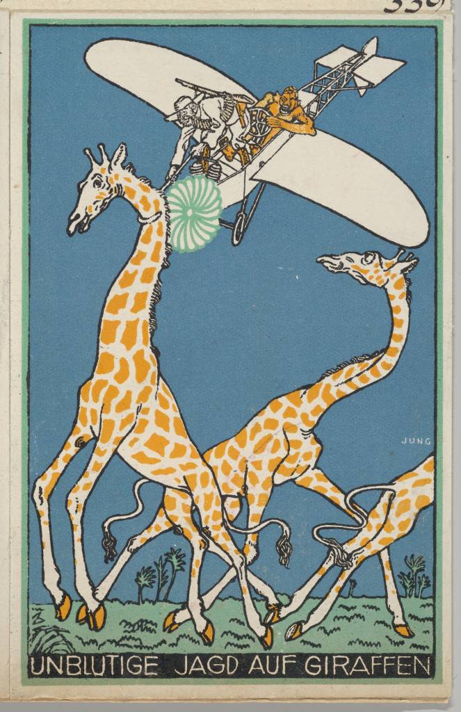 Moriz Jung (Austrian (born Czechoslovakia) Moravia 1885–1915 Manilowa (Carpathians)) Bloodless Giraffe Hunt (Unblutige Jagd auf Giraffen), 1911 Austrian, Color lithograph; Sheet: 5 1/2 × 3 9/16 in. (14 × 9 cm) The Metropolitan Museum of Art, New York, Museum Accession, transferred from the Library (WW.339) http://www.metmuseum.org/Collections/search-the-collections/648517
