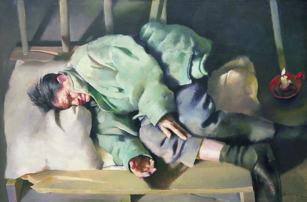Cider Ryder in the Pram Factory. 1996 97 x 146 cm. Oil on sail cloth. This painting of vagrant Les 'Cider' Ryder is the lead image for the 'Human, All Too Human' show. It formed part of a small exhibition shown at Lenkiewicz's Annexe gallery revisiting the theme of Vagrancy, which the artist explored in the 1973 Project of that name.