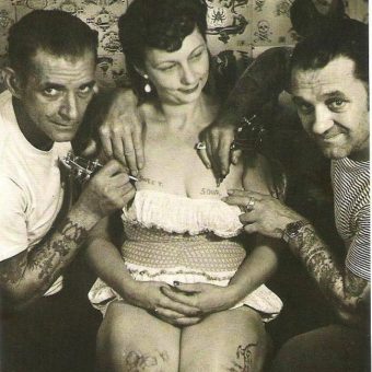 Al Schiefley and Les Skuse give a lovely lady the ‘SWEET’ and ‘SOUR’ boob tattoo