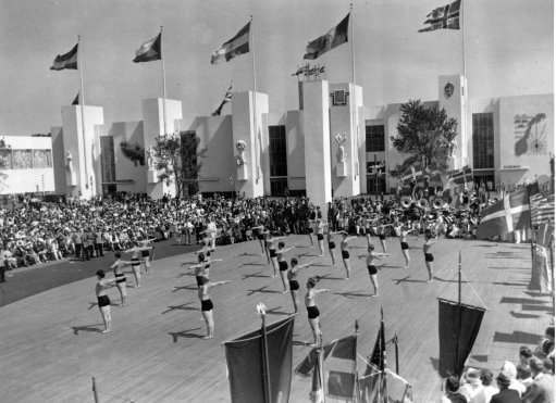 Niels Bukh's team of famous gymnasts, from Copenhagen, appear at the Denmark Day ceremonies at the New York World's Fair, performing their precision exercise on the Court of Peace on July 10, 1939. (AP Photo)