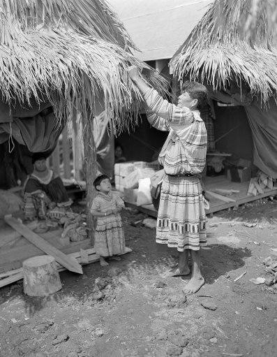 Although the theme of New York's World's Fair is "The World of Tomorrow," a band of Seminole Indians from the Florida Everglades loom as one of the big attractions in the amusement zone where they live in a primitive village, shown April 25, 1939. Billy Homespun, medicine man and acting chief of the tribe, fixes the roof of his grass hut as a youngster looks on. (AP Photo)