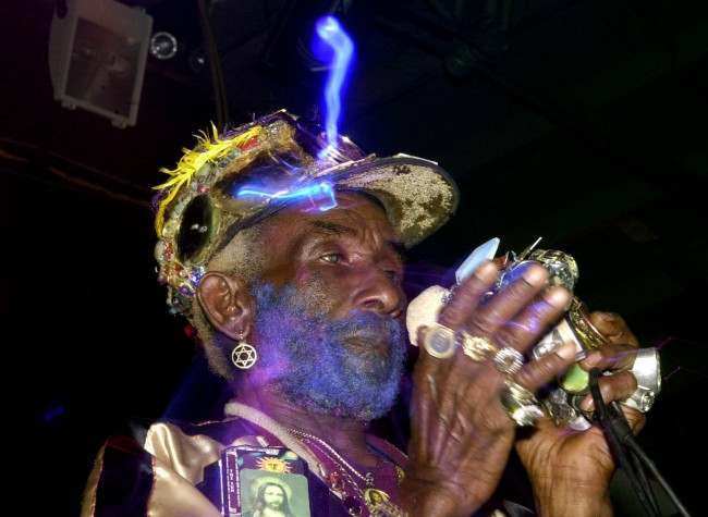 One time producer for reggae legend, Bob Marley, Lee 'Scratch' Perry, performing his own style of dub reggae, which was mixed by the 'Mad Professor', at POD on St. Patrick's Day, in Dublin, Republic of Ireland.