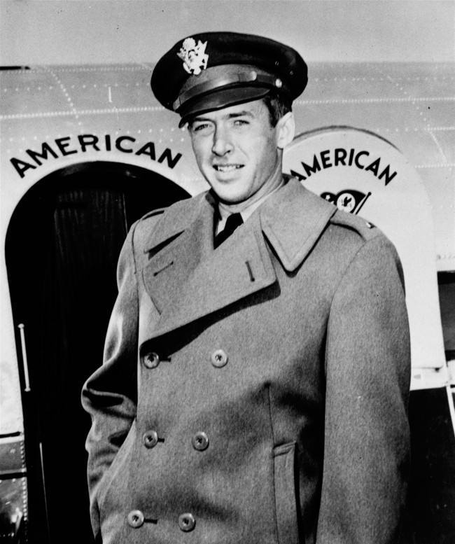 Lt. James Stewart, former film star and now in the U.S. Army Air Corps, steps from the transcontinental "Mercury" of American Airlines at LaGuardia Field, New York, after a flight from the west coast, February 20, 1942. (AP Photo)