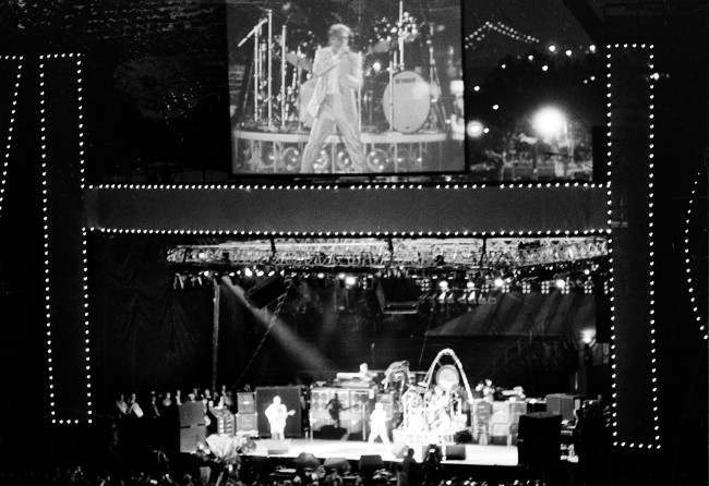 Roger Daltrey, lead singer of the British rock group The Who, appears on a giant video screen in the outfield of Shea Stadium in New York, October13, 1982, as the band tours for the last time in America.