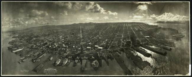 Ruins of San Francisco, 2,000 feet above San Francisco Bay overlooking the waterfront in 1906.