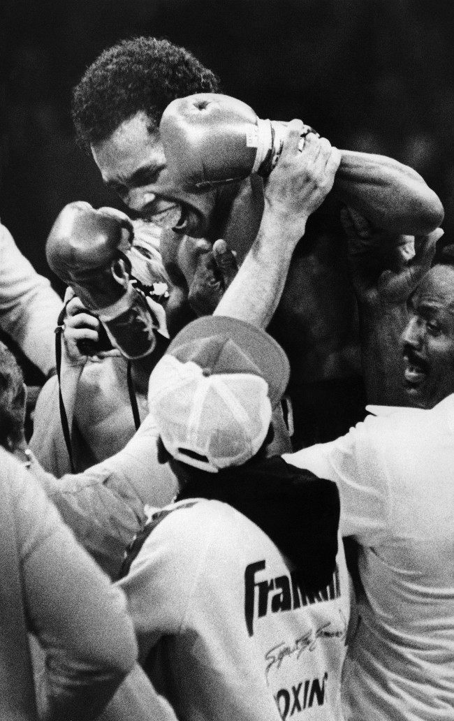 Sugar Ray Leonard is all smiles after winning the WBC World Welterweight title from Roberto Duran in New Orleans on Nov. 25, 1980. As he smiles his mouthpiece falls out of his mouth.