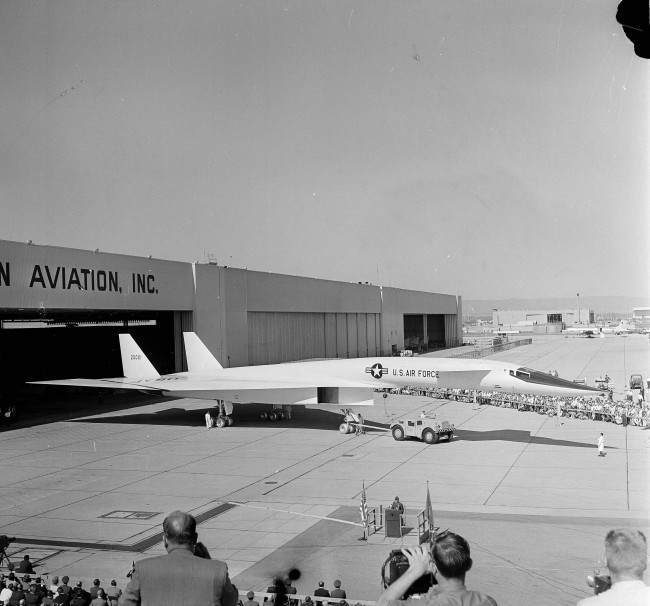 The XB-70A is rolled out for the press, making its first public appearance from the North American Aviation hangars in Palmsdale, Calif., May 11, 1964. The plane is 184 feet long and has a wing span of 105 feet. 
