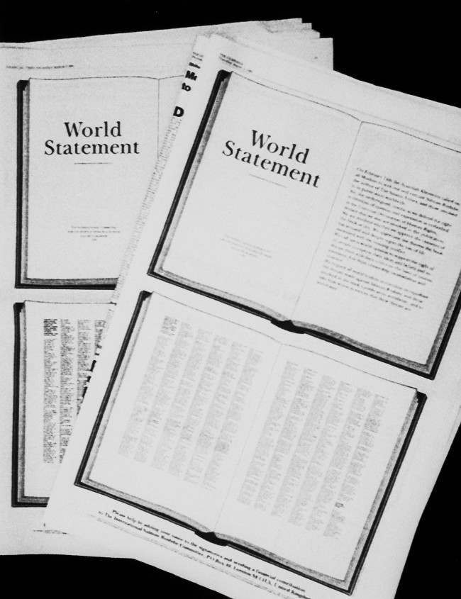 This full page advertisement in the British press, March 2, 1989 carrying a statement backed by thousands of literary figures, world wide, supporting Salman Rushdie and his right to publish the book "The Satanic Verses" which has caused an outcry in the Muslim world. (AP Photo/Peter Kemp) Date: 02/03/1989
