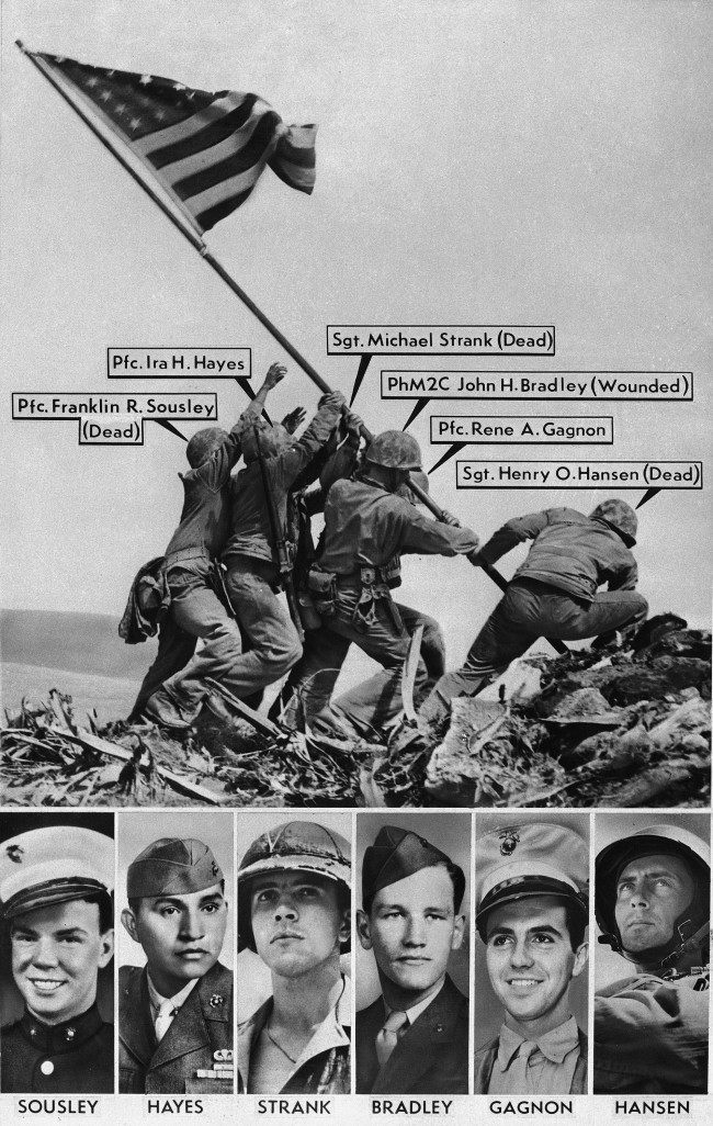 Joe Rosenthal's Pulitzer Prize winning AP photo of the Feb. 23, 1945 flag raising on Mt. Suribachi, Iwo Jima, was originally misidentified by military sources. Originally identified, from left, in this vintage graphic: Pfc. Franklin R. Sousley; Pfc. Ira Hayes; Sgt. Michael Strank; Pharmacist's Mate 2nd Class John H. Bradley; Pfc. Rene A. Gagnon; Sgt. Henry O. Hansen. The Marine at far right was later correctly identified as Cpl. Harlon Block, not Hansen.