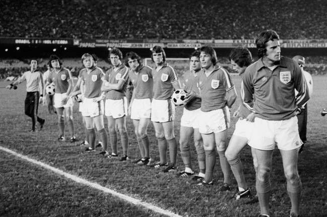 Soccer - Friendly - Brazil v England - Maracana Stadium England team group line up before the kick off. (l-R) Brian Talbot, Emlyn Hughes, Brian Greenhoff, Phil Neal, Trevor Francis, Dave Watson , Ray Wilkins , Stuart Pearson, Trevor Cherry and Ray Clemence Date: 08/06/1977 
