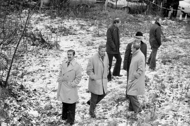 Deputy Chief Constable Leslie Emment (left) and Assistant Chief Constable Jim Hobson, the new head of the 'Ripper Squad', discussing the case at the scene of the latest killing in Leeds.