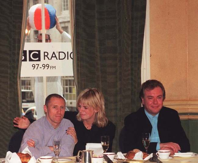 Zoe Ball, 26, is flanked by her co- DJ Kevin Greening (left) and their boss Matthew Bannister during a news conference following their debut broadcast this morning (Monday) for BBC Radio 1. Date: 13/10/1997