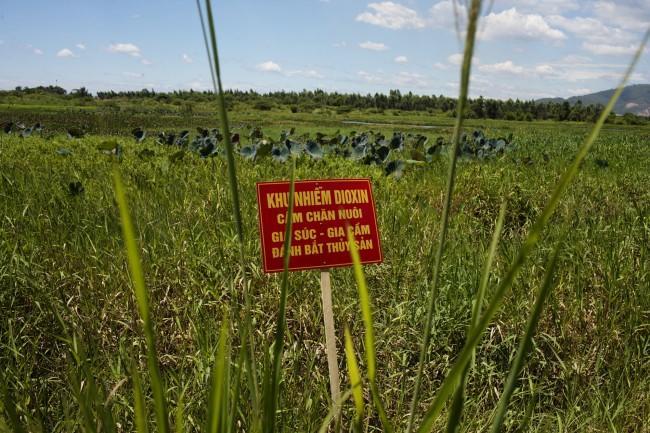 A warning sign stands in a field contaminated with dioxin near Danang airport, during a ceremony marking the start of a project to clean up dioxin left over from the Vietnam War, at a former U.S. military base in Danang, Vietnam Thursday Aug. 9, 2012. The sign reads; "Dioxin contamination zone - livestock, poultry and fishery operations not permitted". The U.S. and Vietnam on Thursday launched a four-year joint effort to clean up dioxin leftover from Agent Orange that was mixed, stored and loaded onto planes at the former U.S. military base, which is now part of DanangÂs airport. Dioxin can linger in soils and at the bottom of lakes and rivers for generations, entering the food supply through the fat of fish and other animals.