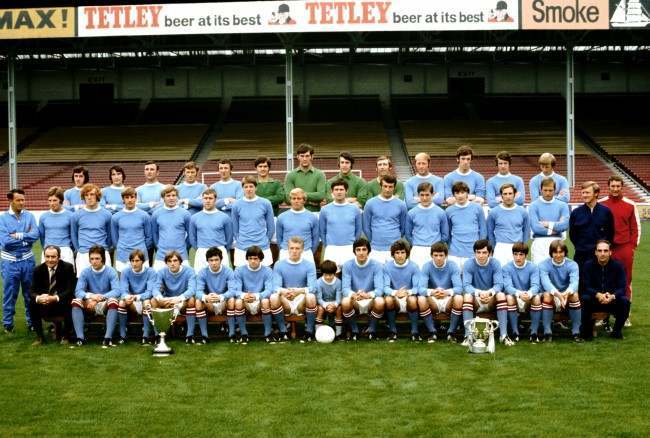 Manchester City team group 1970/71 season with the League and European Cup Winners Cup Trophies  Date: 01/08/1970