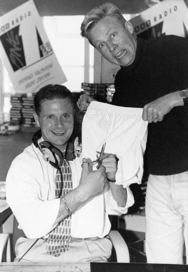 England footballer Paul Gascoigne with Radio 1 DJ Simon Mayo. Date: 31/10/1990 