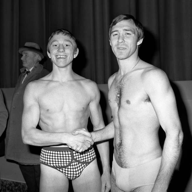 British and European light welterweight champion Dave Green, left, and former world welterweight champion John H Stracey, meet at a weigh-in at the Leicester Square Theatre for their fight at Wembley. 