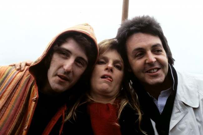 Members of the band Wings by the river Thames. (l-r) Denny Laine, Linda McCartney and Paul McCartney