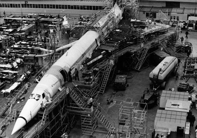 This is an overhead general view of the fuselage section of the Anglo-French supersonic jet airline Concorde, whose British prototype is under construction at the British Aircraft Corporation works at Filton, England, June 8, 1954. 