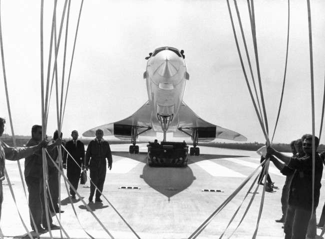 The Concorde prototype of the supersonic plane a Franco-British co-building made it's first formal taxiing trial, August 21, 1968. The trial carried out on a specially constructed to test the hydraulic and braking systems of the big jet. Concorde nose through security net barrier.