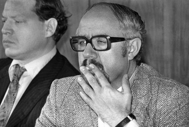 Former Munich Summer Olympics chief press officer, CSU member of parliament Hans "Johnny" Klein, smokes a cigarette on May 2, 1977 in Bonn, Germany. 