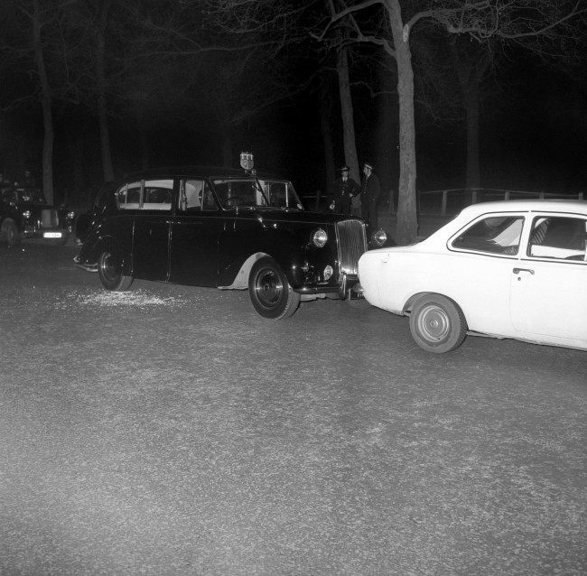 The Royal car in which Princess Anne and Captain Mark Phillips had been travelling in when it was stopped by bullets in a kidnap attempt on the Princess in Pall Mall, London. Ref #: PA.19319570 Date: 20/03/1974
