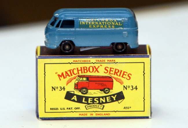 A rare blue Matchbox No.34 Volkswagen van with black wheel's, valued between 7,000 and 8,000 pounds, ($12,300-$14,000/8,700-10,000 euro), which is one of the collection of matchbox cars owned by American collector Dr Scott D Gillogly at Vectis Auctioneers in Thornaby, England Thursday Sept 11, 2008. The collection, which is valued at 570,000 pounds ($1 million/711,000 euro), is on display ahead of the auction to be held on September 16 and 17, (AP Photo/Scott Heppell)