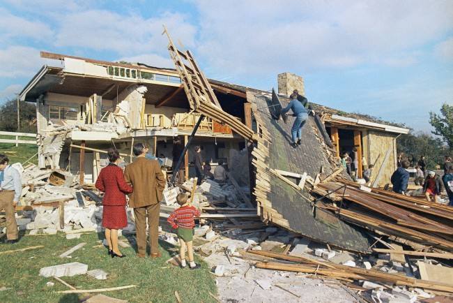 Wreckage left by a terrorist bombing at the Hunting Lodge Inn in Andersontown, Belfast, Northern Ireland in 1971.