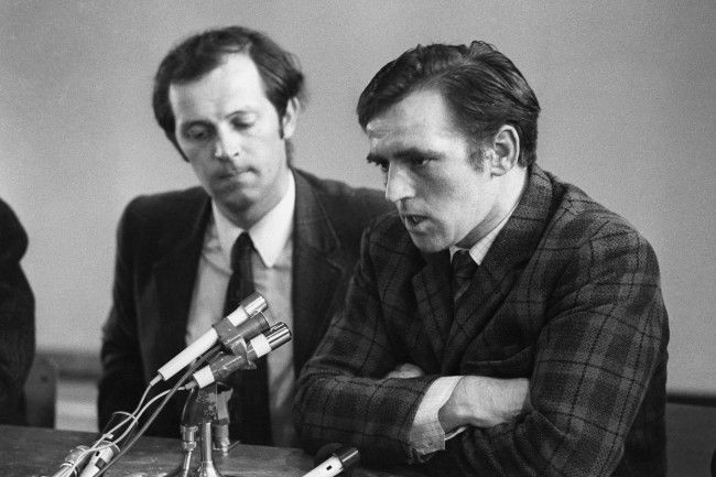 Paddy Kennedy (l), a Republican MP at Stormont, and John Kelly during a Press conference held in a school gymnasium in Belfast's Ballymurphy district and is attended by several leading members of the Republican movement. The conference - during which an anonymous spokesman of the IRA denied the Army's claims of virtual victory - was arranged by Mr Kennedy, who does not claim IRA membership.