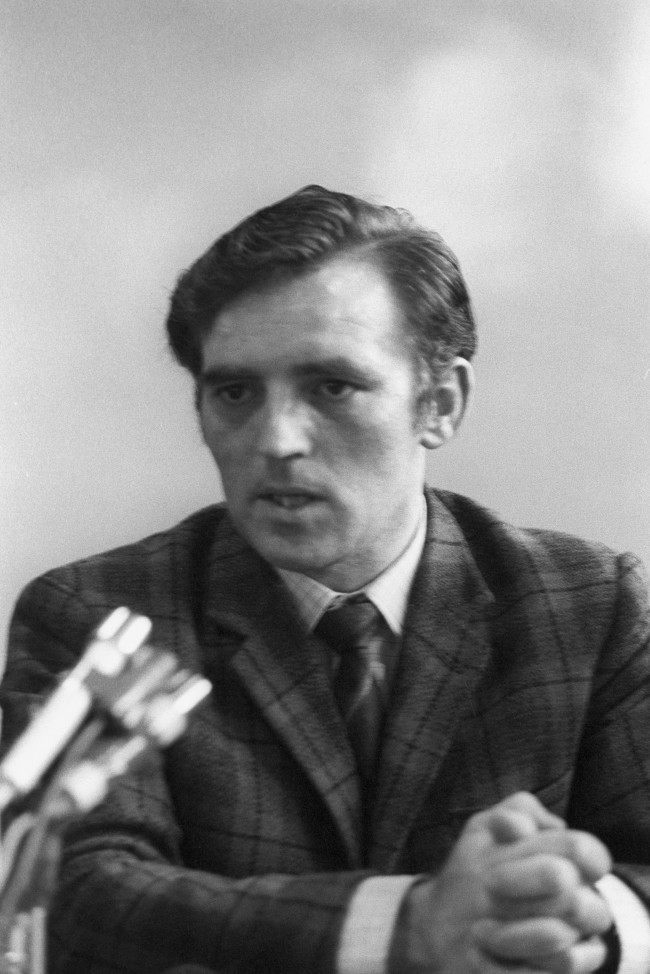 John Kelly, speaking at a Press conference held in a school gymnasium in Belfast's Ballymurphy district and is attended by several leading members of the Republican movement, who heard an anonymous spokesman of the IRA deny the Army's claims of virtual victory. Date: 13/08/1971