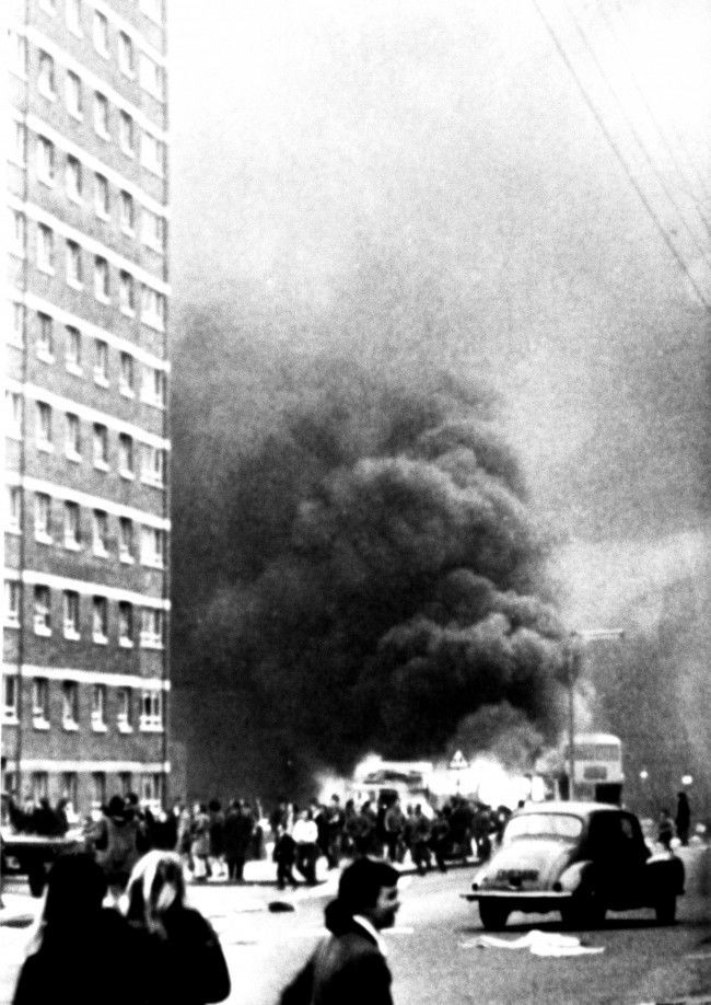 Vehicles burn in the New Lodge Road area of Belfast when a crowd of about 200 set fire to cars, vans and lorries after an army scout car ran over and killed a five-year-old girl. Date: 08/02/1971