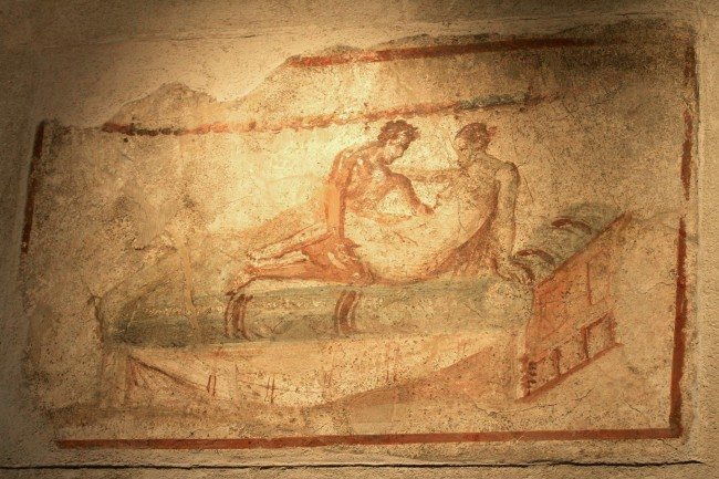An erotic frescoe is seen on the wall of the "Lupanare", the newly restored brothel which derives its name from the Latin word "Lupa" for "prostitute", in Pompeii