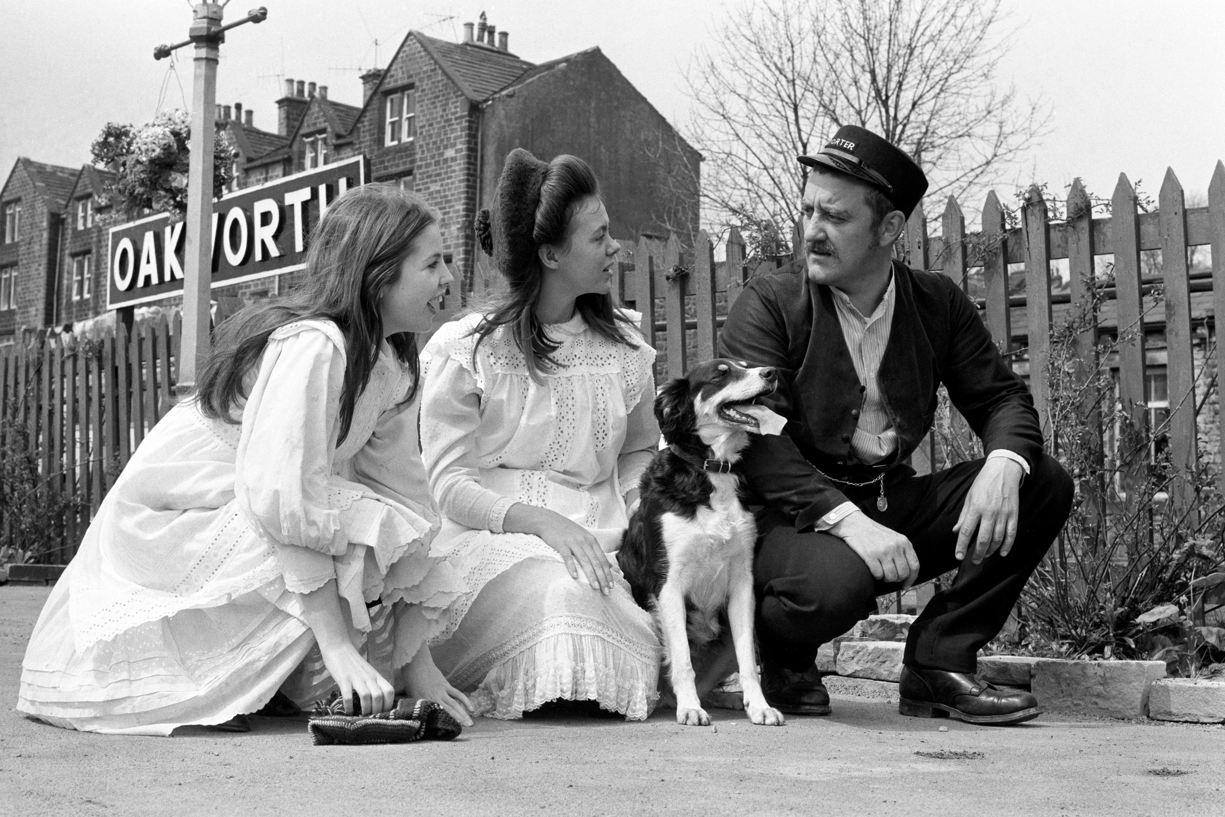 The filming of The Railway Children on location at Oakworth.  Actor Bernard Cribbens with actresses, Sally Thomsett (left) and Jenny Agutter. 02/07/1970