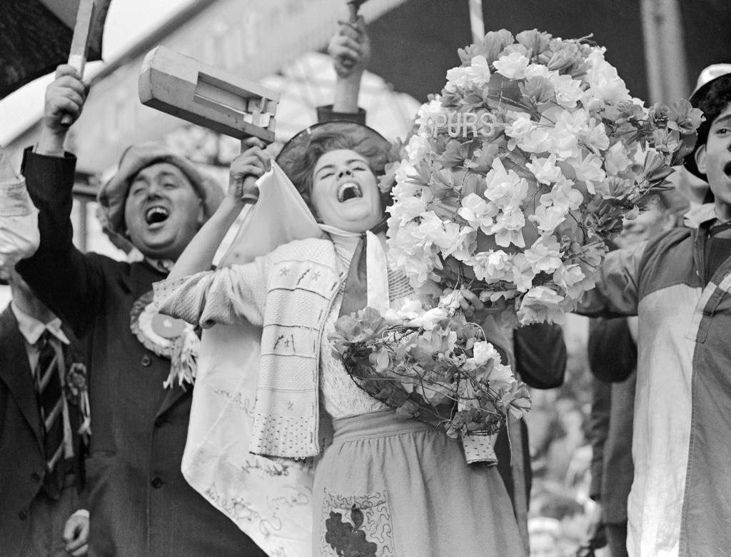 occer - FA Cup Semi-Final - Blackpool v Tottenham Hotspur - Villa Park Joan Moye, a Tottenham Hotspur supporter cheering her team outside Villa Park, Birmingham Ref #: PA.8757669 Date: 13/03/1948