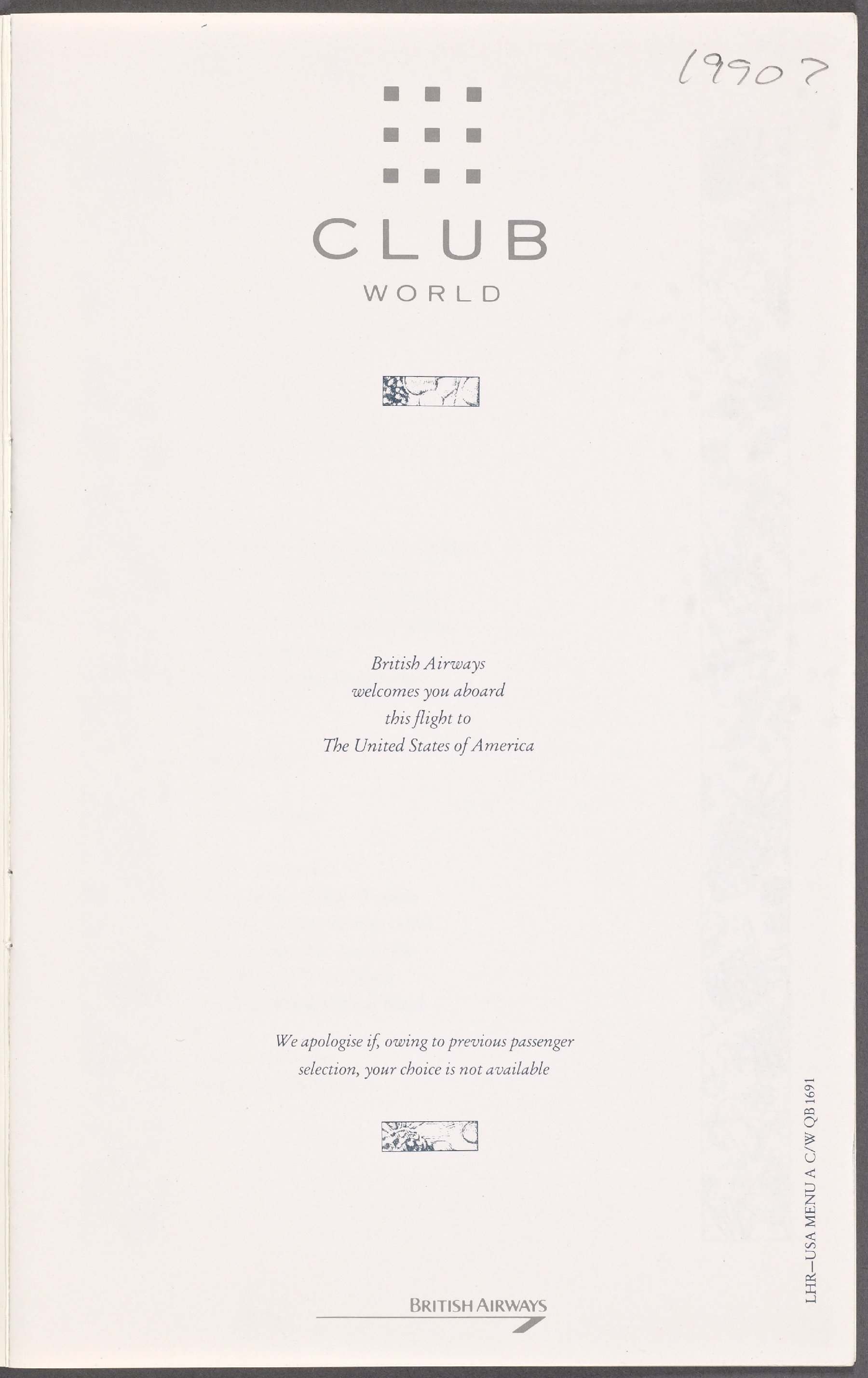 British Airways Club World 1990 menu page 2