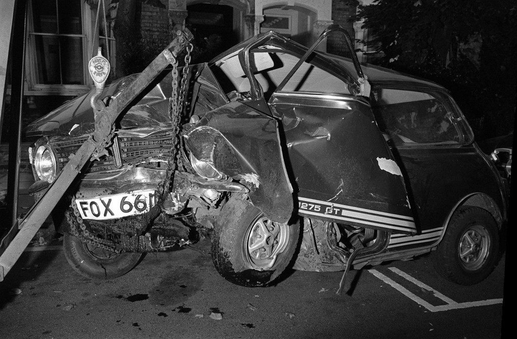 The wreckage of the purple mini in which 29 year old pop star Marc Bolan, of the group T-Rex, was killed in, on 16/09/1977. The car was driven by his girlfriend, American singer Gloria Jones, who crashed into a tree in Gipsy Lane, Barnes, in London.