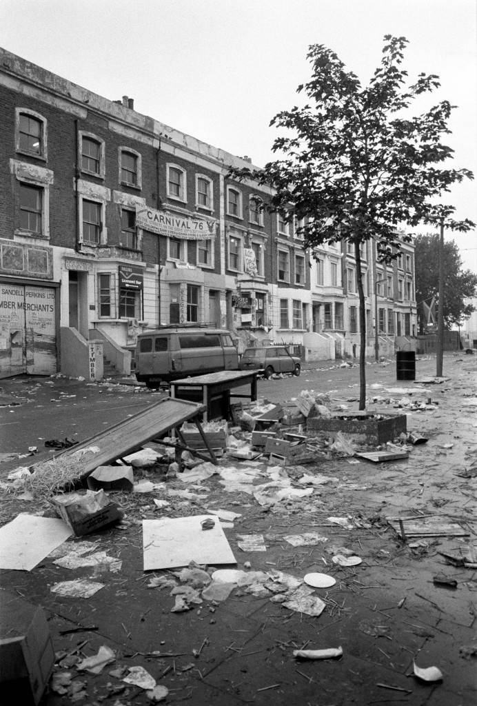 Rubbish is strewn across Acklam Road, West London, following last night's scenes of violence when the Notting Hill West Indian carnival erupted in rioting. Ref #: PA.1416218  Date: 31/08/1976 