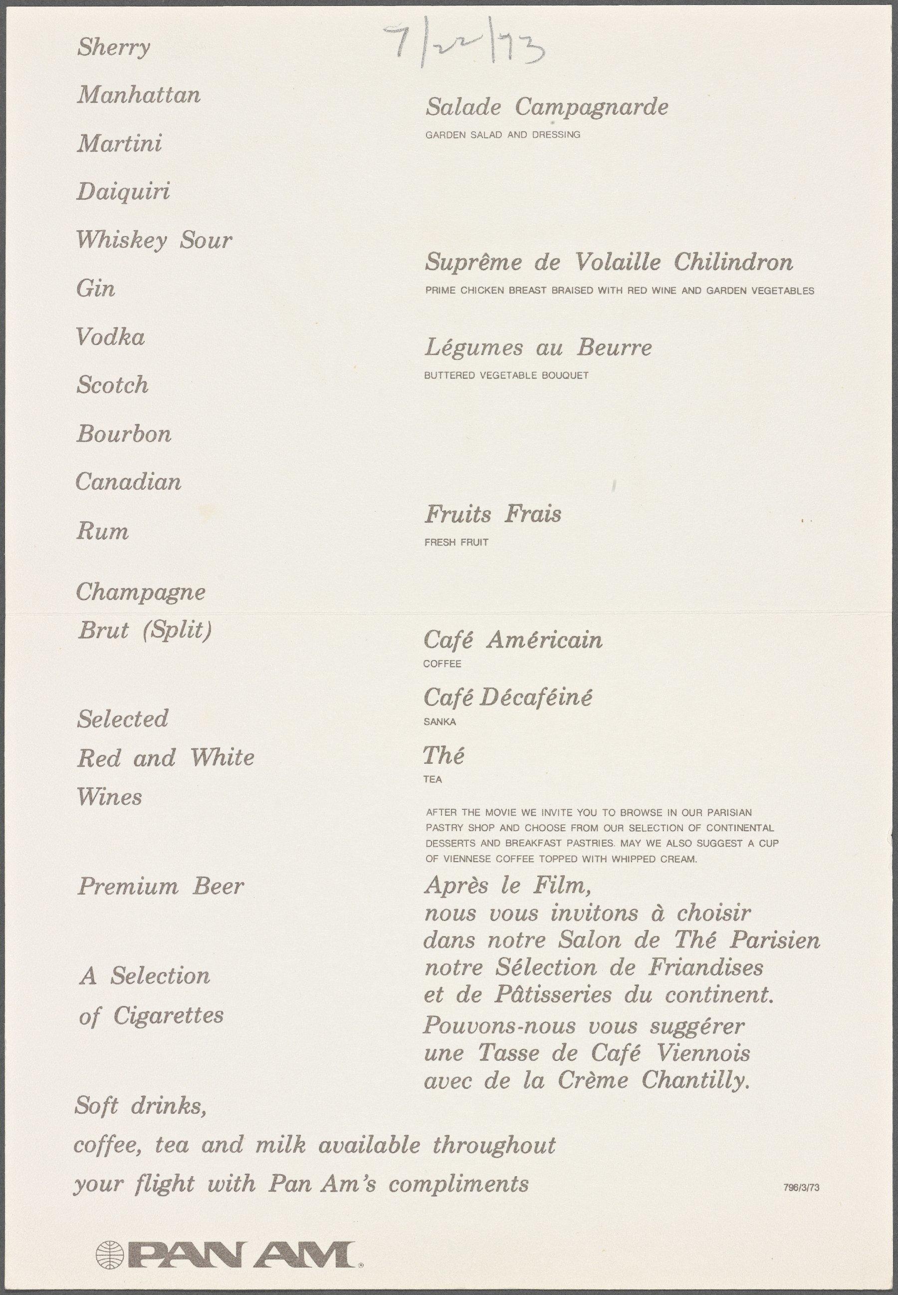 Pan Am 1973 menu