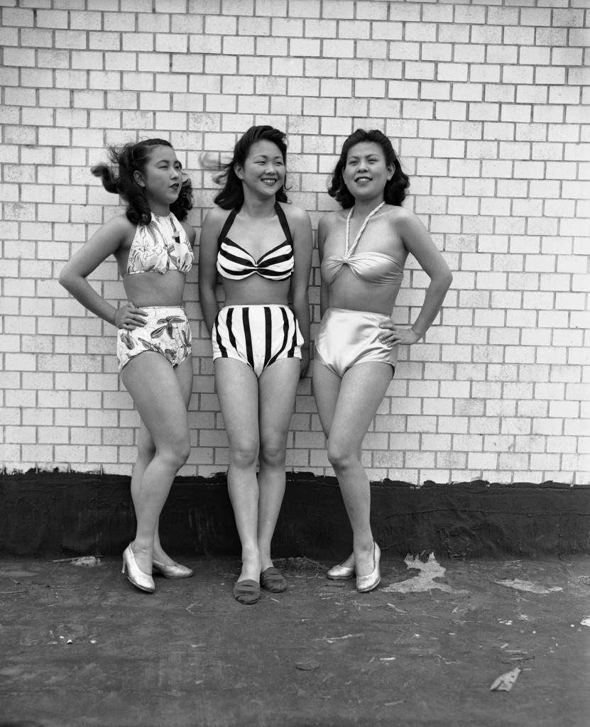 Three dancing girls at the Imperial Theater in Tokyo on May 29, 1946, model new 1946 style Japanese bathing suits, known as ÂDemocratic suits.Â From left To right: Mitsuso Kitajima, Akiko Yoyogi and Yoshiko Kubomura. (AP Photo/Charles Gorry) Ref #: PA.11497412 