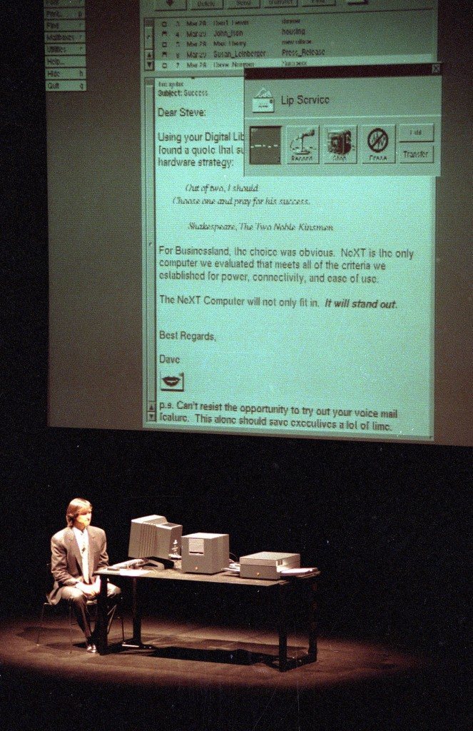  In this March 30, 1989, file photo, Steve Jobs of NeXT Computer Inc., displays his NeXT computer during a public demonstration in San Francisco.