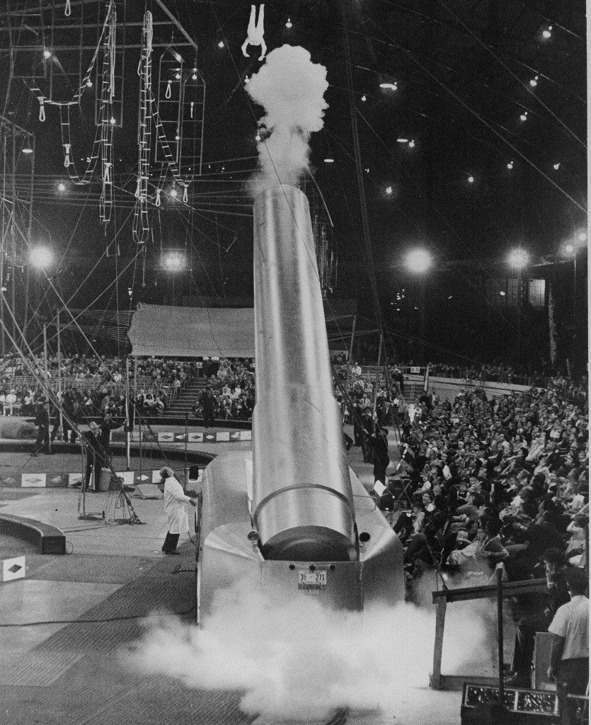 A member of the Zacchini family glides gracefully through space - inside a tent of the Ringling Brothers circus - after being fired from a cannon in the grand finale of the show at Nashville, Tenn., March 2, 1962. The human cannonball arches his back and appears to have lost his head as he prepares for a landing in the net. (AP Photo) Ref #: PA.16860995 Date: 02/03/1962